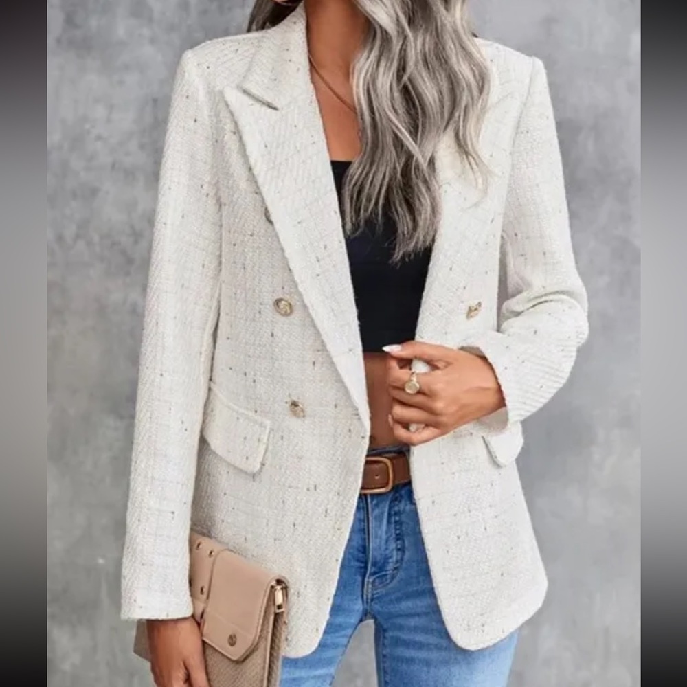 White Tweed Blazer - Size Small - Gold Accents